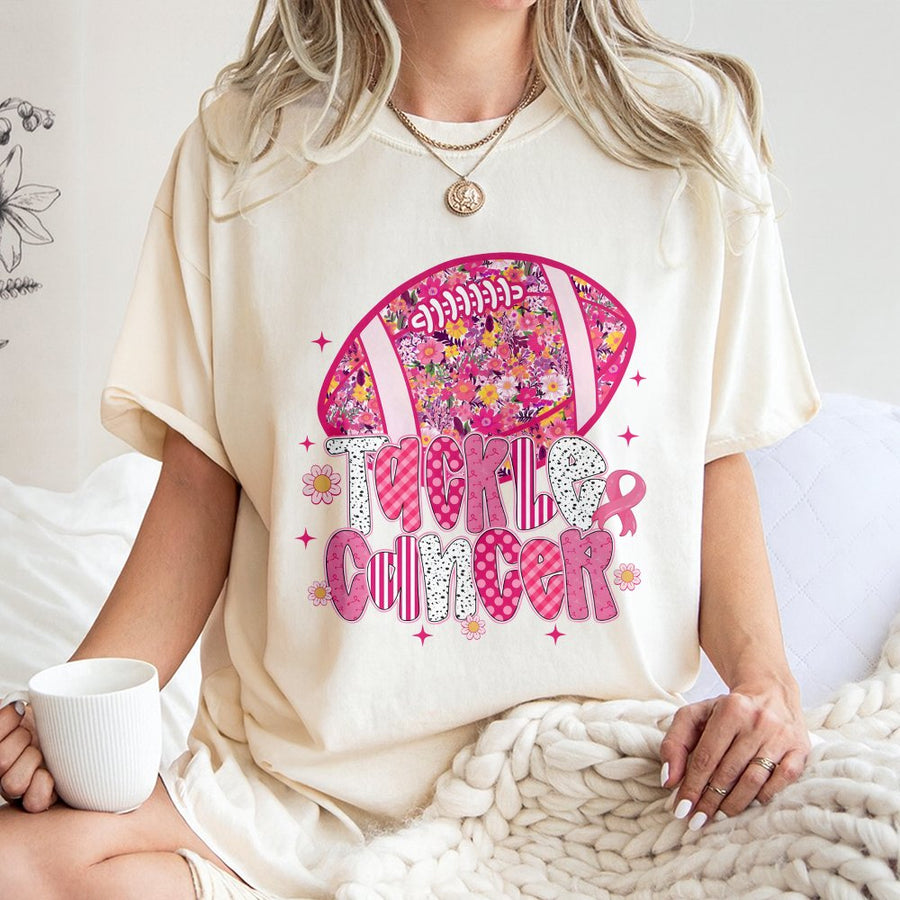 Tackle Cancer Football T-Shirt | Pink Ribbon Floral Design | 100% Cotton Premium Tee | Breast Cancer Awareness Gift For Survivors & Supporters