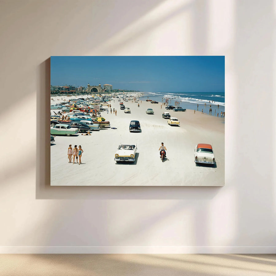 Daytona Beach Canvas Print | Vintage 1950s Cars Retro Beach Scene | Premium 1.25 Inch Gallery Wrap | Nostalgic Florida Wall Art Decor