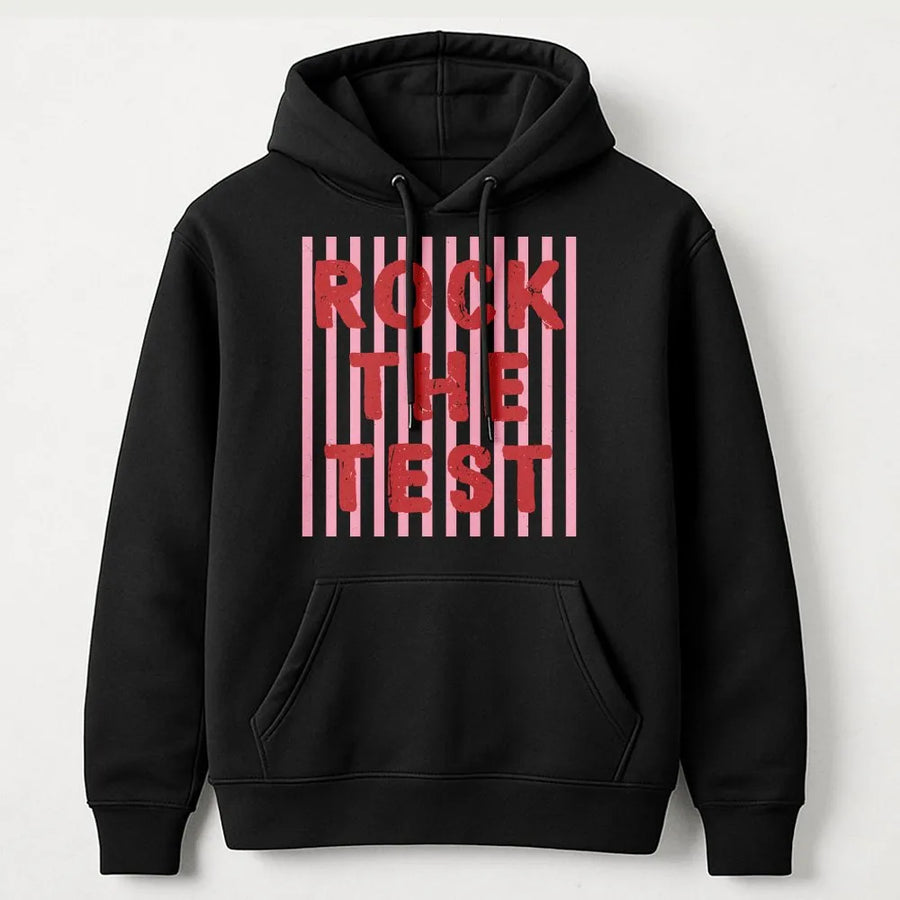 Rock The Test Hoodie | Funny Teacher Testing Day Graphic Tee | Soft Cotton | Motivational Gift for Student or Teacher