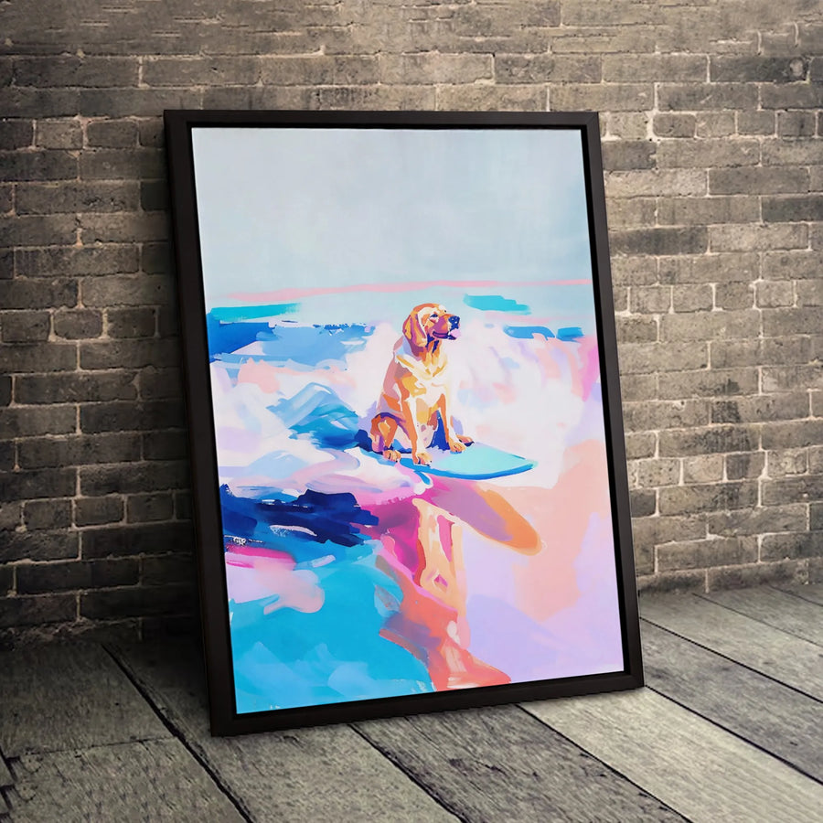 Surfing Labrador Dog Canvas Art | Colorful Abstract Beach Pet Painting | 1.25-Inch Premium Gallery Wrap | Coastal Decor Gift for Dog Lovers