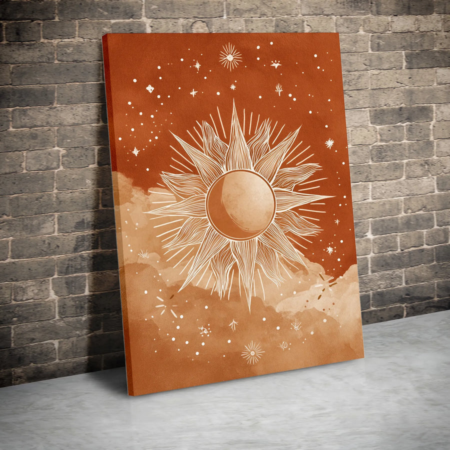 Boho Sun and Moon Vertical Canvas | Terracotta Celestial Line Art | Premium Gallery Wrap Print | Spiritual Home Decor Gift for Bedroom