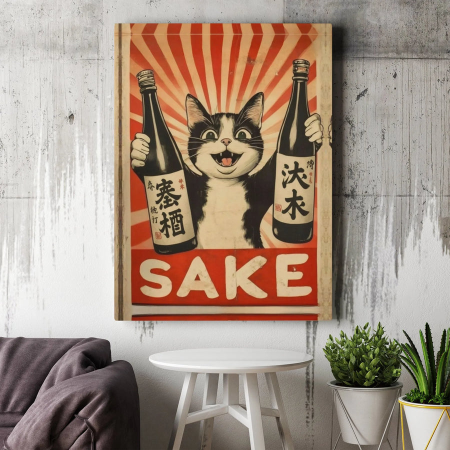 Japanese Sake Cat Wall Art | Vintage Retro Alcohol Poster | Premium Gallery Wrap Canvas | Unique Kitchen Decor Gift for Cat Lovers