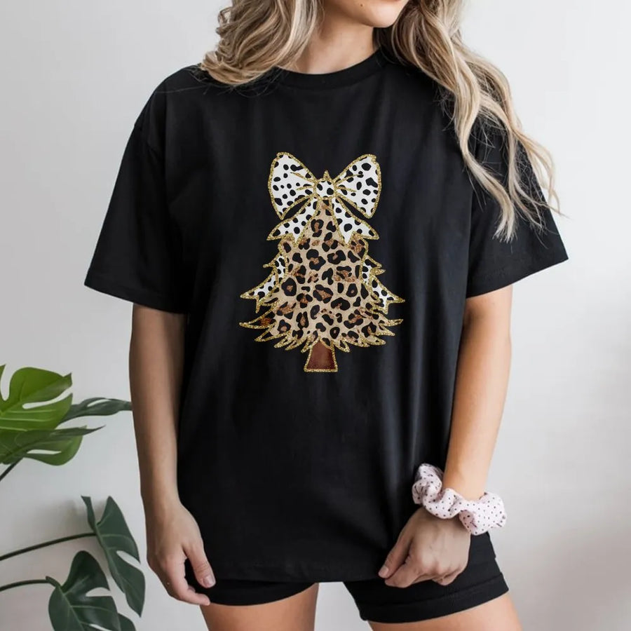 Leopard Print Christmas Tree T-Shirt | Glitzy Bow Holiday Graphic Tee | Premium Soft Cotton | Stylish Women's Christmas Party Gift