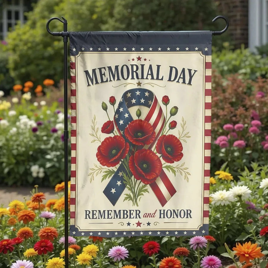 Memorial Day Garden Flag | Remember and Honor Patriotic Red Poppies Ribbon | Double Sided 2-Layer Weatherproof Polyester | Veterans Day Yard Decor Gift