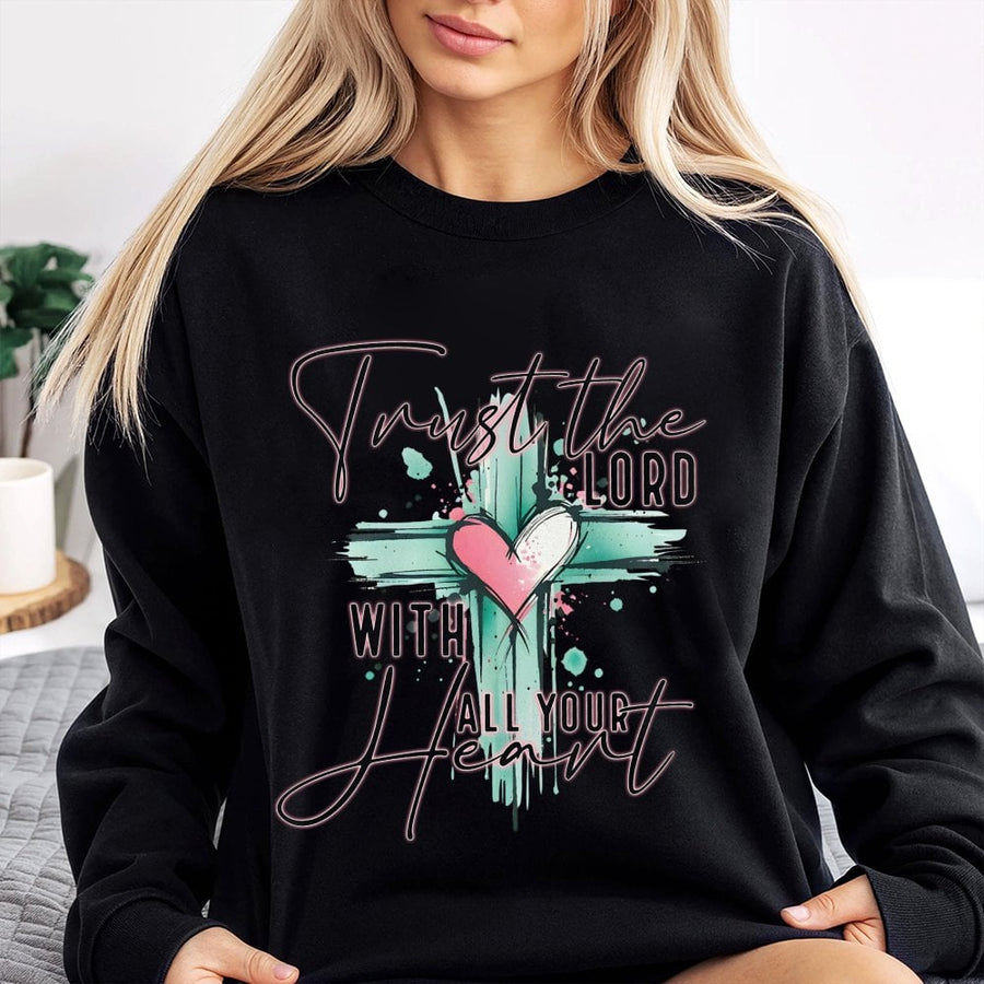 Trust The Lord With All Your Heart Sweatshirt | Watercolor Cross Design | Premium Cotton-Poly Blend | Religious Christian Gift For Her