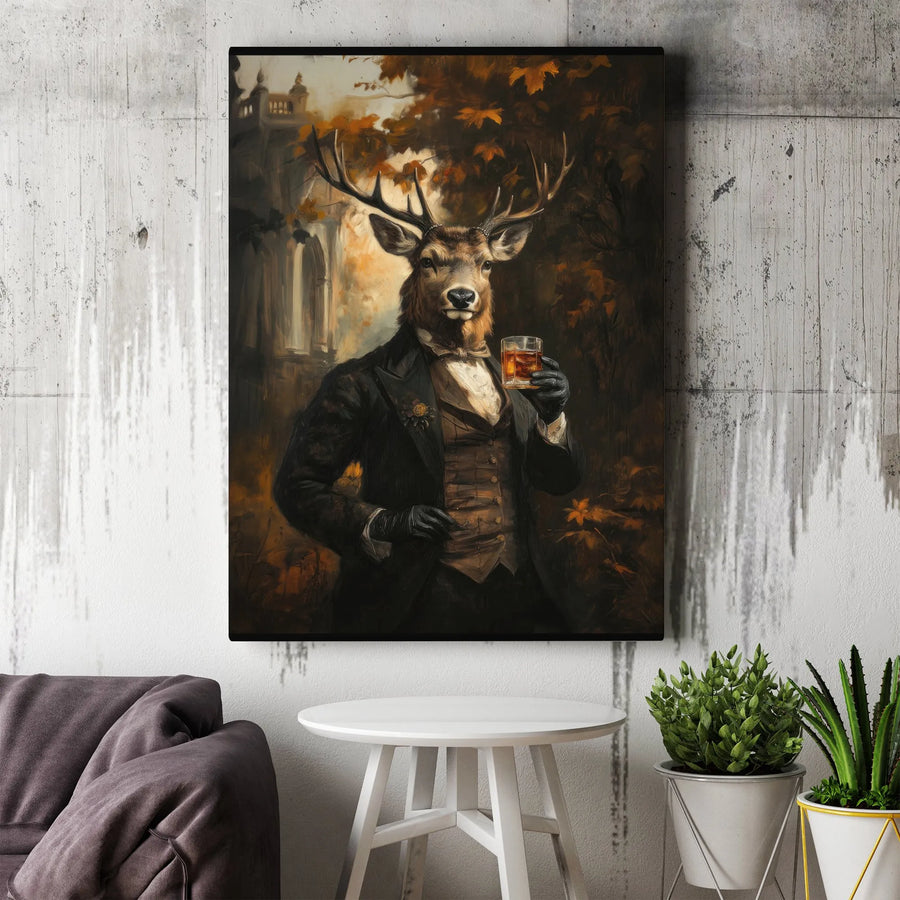Gentleman Stag Canvas Art | Dapper Deer Drinking Whiskey Print | Premium 1.25" Gallery Wrap | Whimsical Animal Wall Decor for Home Office