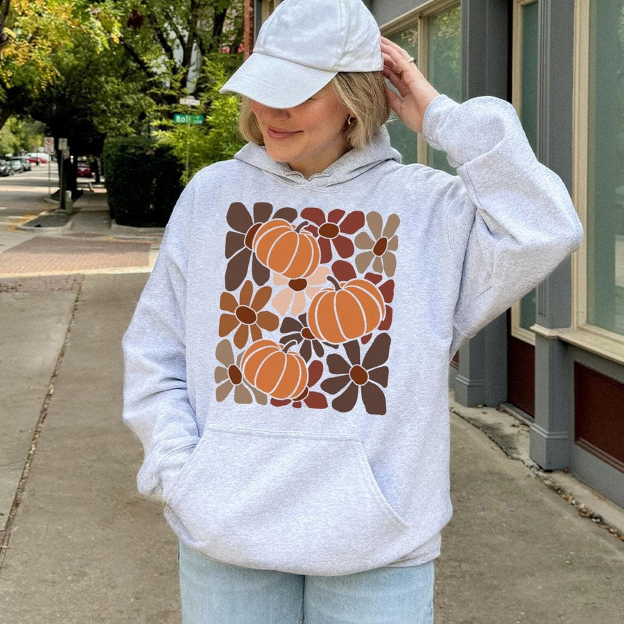 Boho Pumpkin Hoodie | Retro Floral Fall Graphic Sweatshirt | Premium Cotton-Blend Apparel | Thanksgiving Gift for Women & Teens