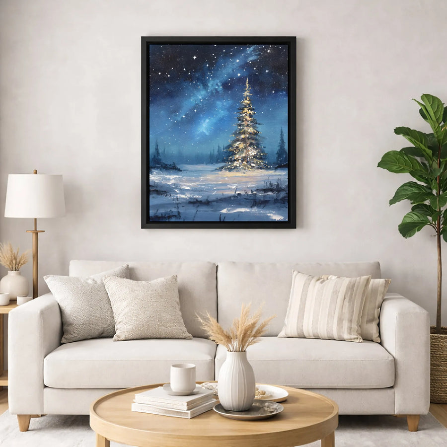 Christmas Tree Canvas Wall Art | Snowy Night Landscape Painting | Premium Gallery Wrap Print | Festive Holiday Home Decor Gift