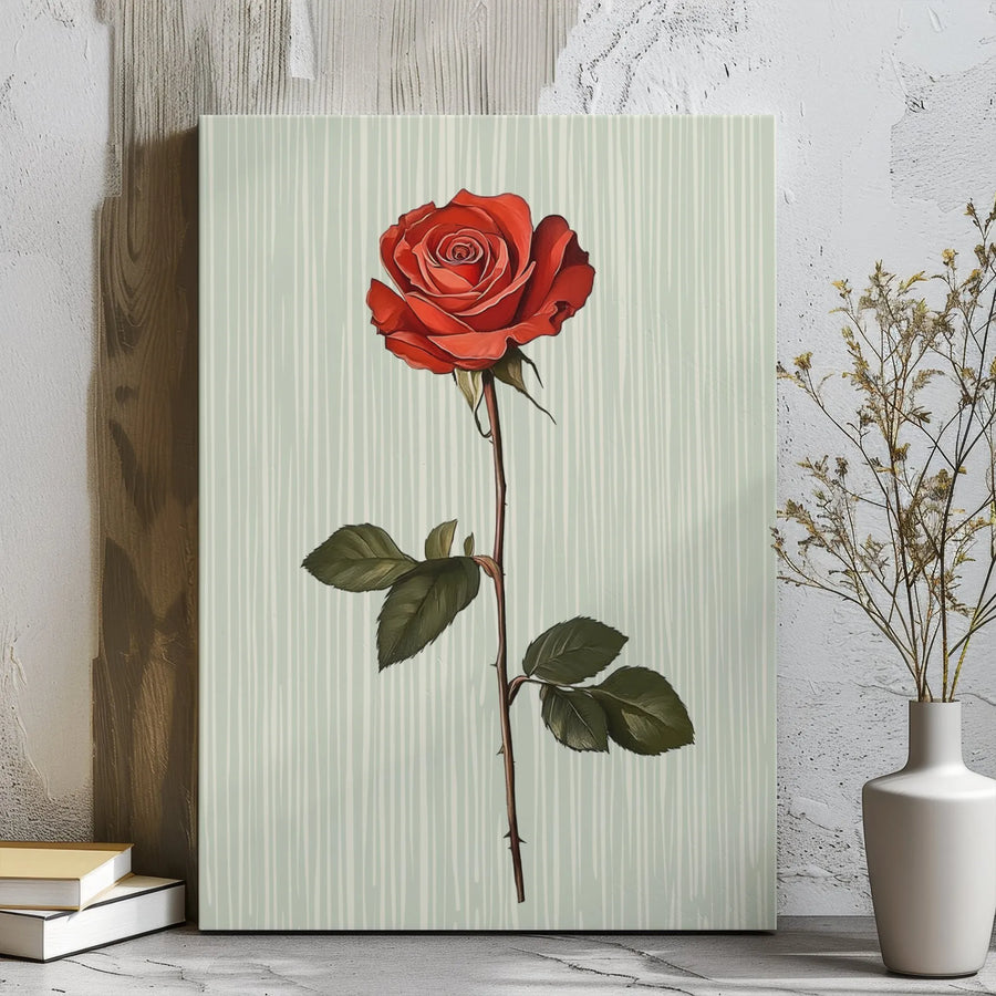 Red Rose Canvas Wall Art | Minimalist Botanical Floral Print | Premium Gallery Wrap Decor | Romantic Home Office Gift for Her