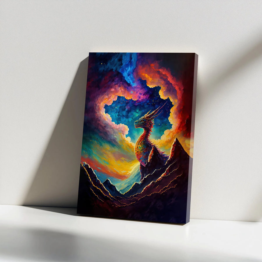 Fantasy Dragon Canvas Wall Art | Vibrant Nebula Galaxy Mountain Landscape | Gallery Wrap Premium Print | Magical Home Decor Gift for Fantasy Fans