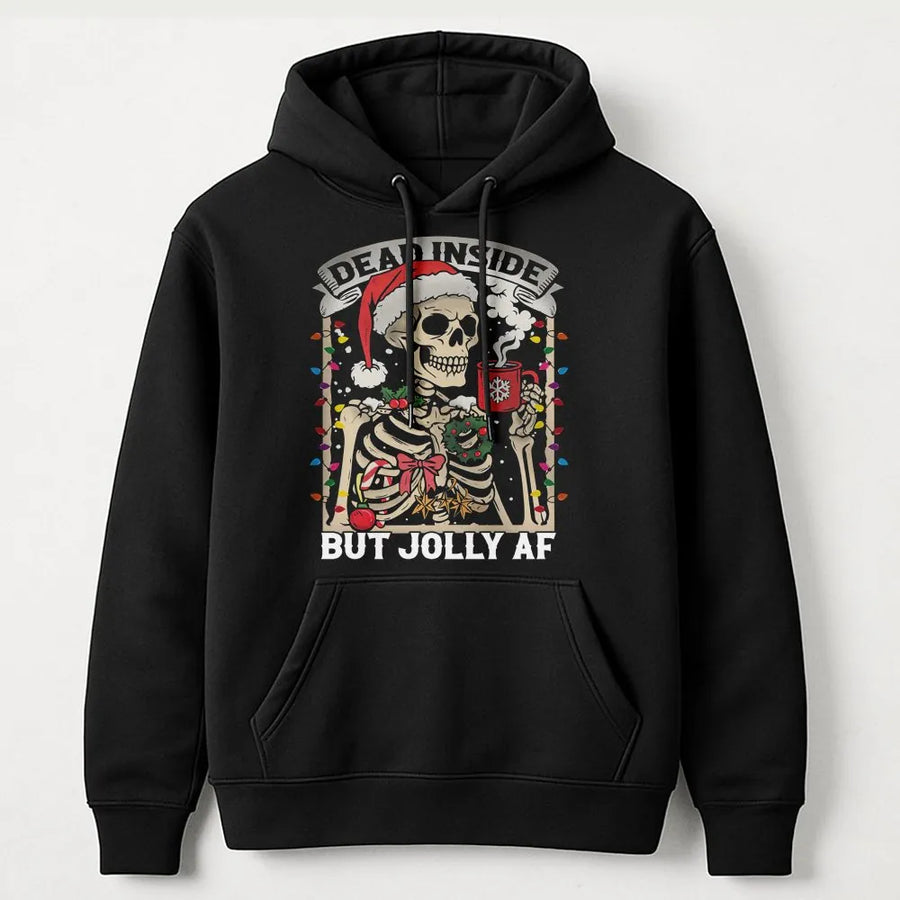 Dead Inside But Jolly AF Christmas Hoodie | Funny Skeleton Coffee Lover Graphic Sweatshirt | Premium Unisex Holiday Apparel | Festive Gift for Him Her