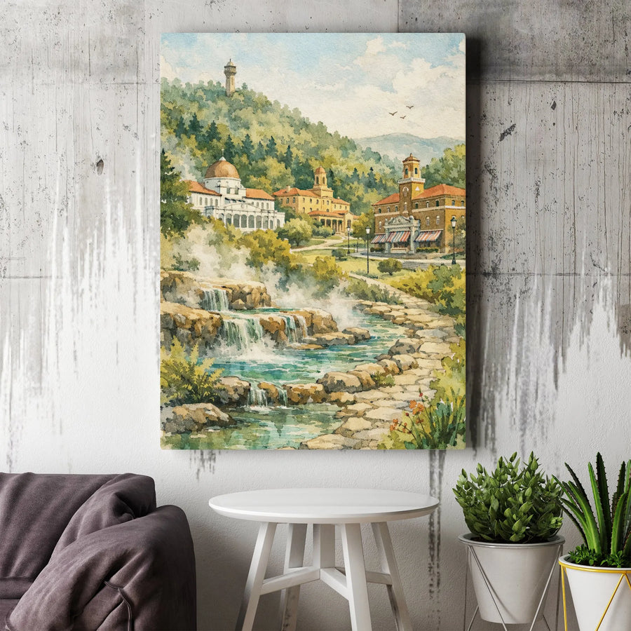 Hot Springs National Park Canvas Art | Watercolor Painting Print | Premium Thick Gallery Wrap | Arkansas Home Decor & Traveler Gift