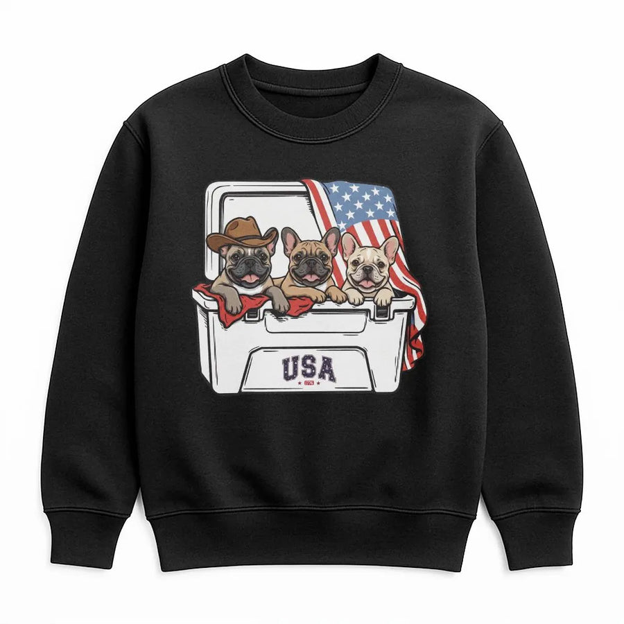Patriotic French Bulldog Sweatshirt | USA Flag Cooler Graphic Sweatshirt | Soft Cotton Blend | America 250th Anniversary Gift for Dog Lover