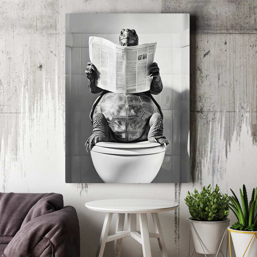 Turtle on Toilet Wall Art | Funny Bathroom Decor Reading Newspaper | Premium Gallery Wrapped Canvas | Whimsical Animal Home Gift