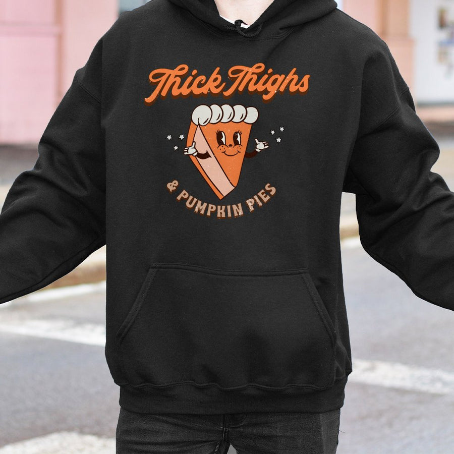 Thick Thighs And Pumpkin Pies Hoodie | Retro 90s Thanksgiving Graphic | Soft Cotton-Polyester Premium Blend | Funny Fall Apparel Gift for Her