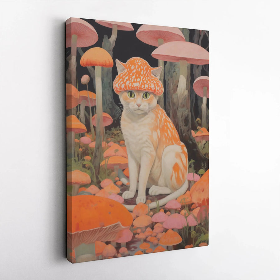 Mushroom Cat Canvas Wall Art | Whimsical Orange Kitten in Toadstool Forest | Premium Fade-Resistant Print | Cute Cottagecore Home Decor Gift