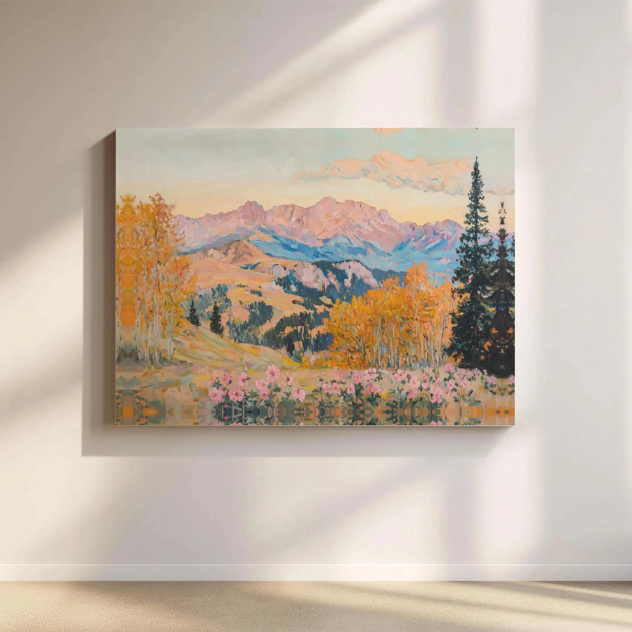 Mountain Landscape Canvas Print | Impressionist Autumn Forest and Pink Flowers | 1.25-Inch Premium Gallery Profile | Nature Wall Art for Home Decor