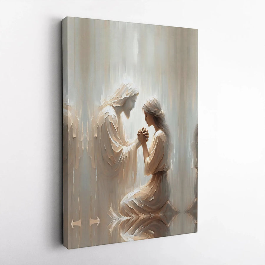Jesus Comforting Praying Woman Canvas Print | Modern Christian Wall Art | Premium Gallery Wrapped | Religious Home Decor Gift