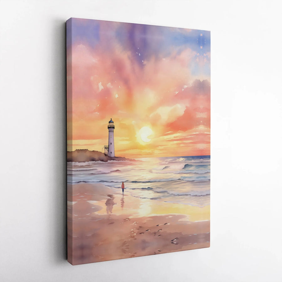 Lighthouse Canvas Wall Art | Coastal Sunset Watercolor Landscape | Premium 1.25" Gallery Wrap | Serene Beach Decor for Living Room
