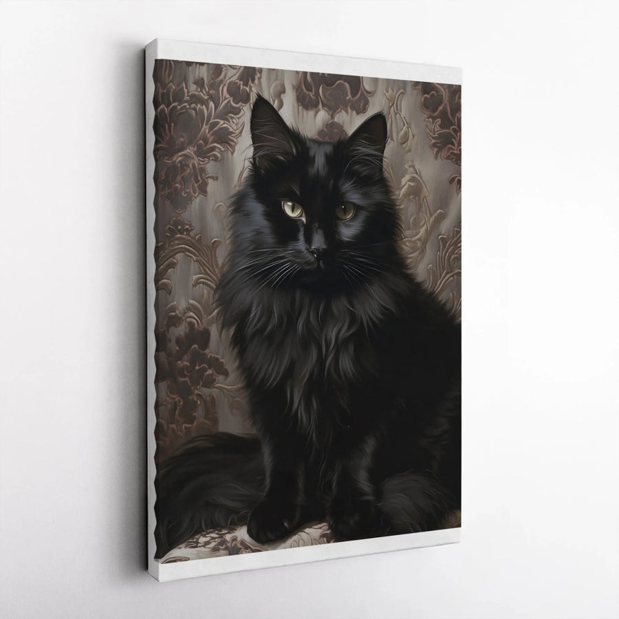 Black Cat Wall Art Print | Elegant Victorian Damask Portrait | Premium Gallery-Wrapped Canvas | Sophisticated Gift for Cat Lovers
