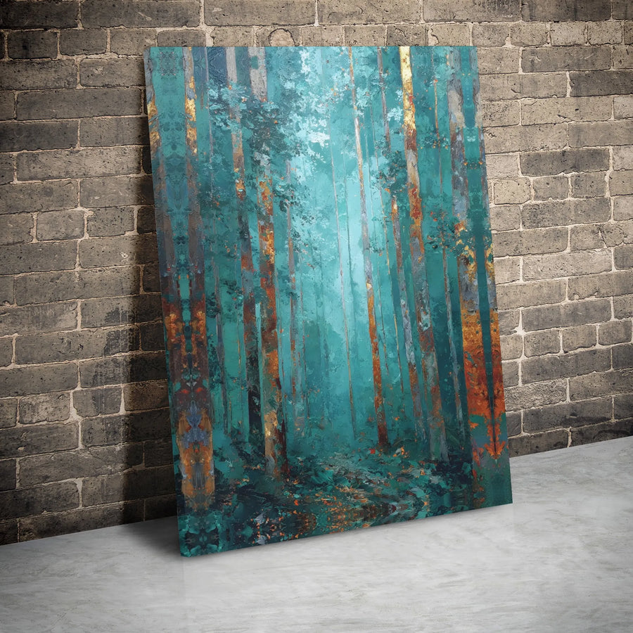 Abstract Forest Canvas Wall Art | Teal and Rust Impressionist Woodland Print | Premium 1.25” Gallery Wrap | Modern Home Office Decor Gift