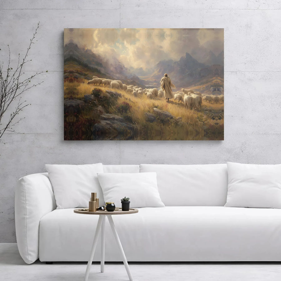 Good Shepherd Jesus Canvas Wall Art | Religious Mountain Landscape Print | Premium 1.25" Gallery Wrap | Christian Home Decor Gift