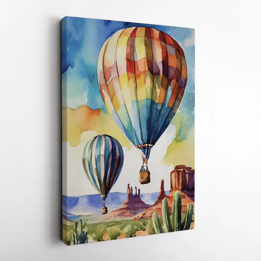 Southwest Desert Landscape Canvas Art | Watercolor Hot Air Balloon Print | Premium 1.25-Inch Gallery Wrap | Southwestern Home Decor Gift
