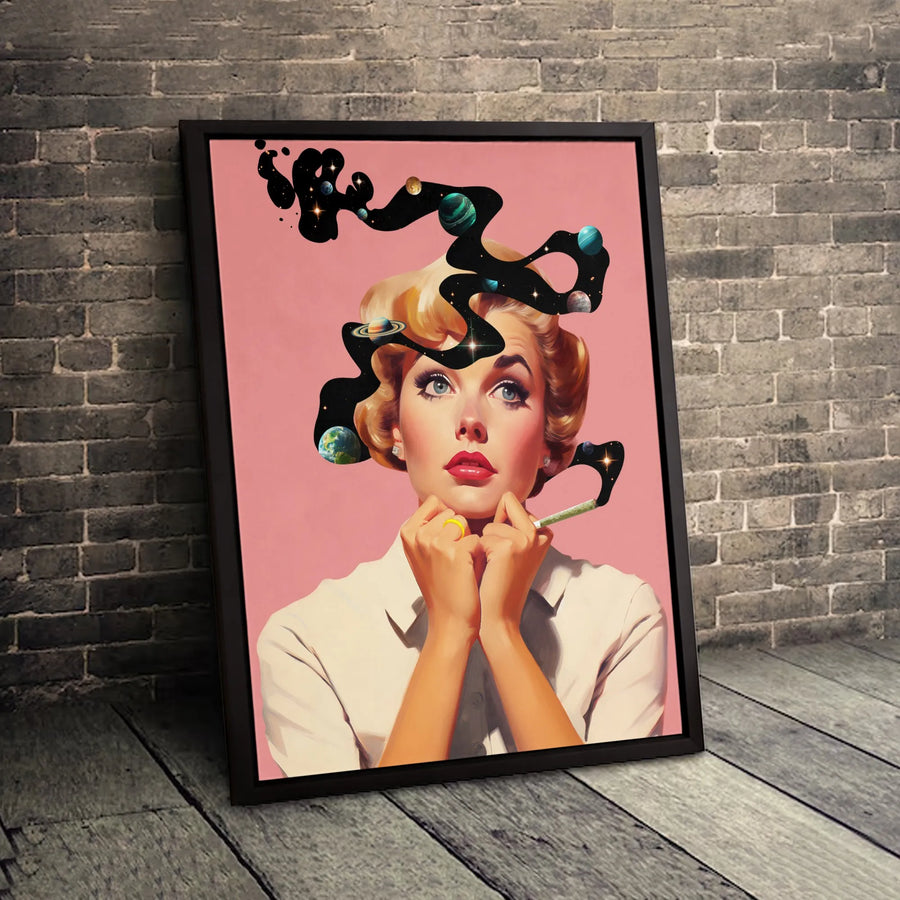 Surreal Retro Woman Canvas | Galaxy Space Hair Pop Art Print | Premium 1.25" Gallery Wrap | Unique Modern Wall Decor for Home Office