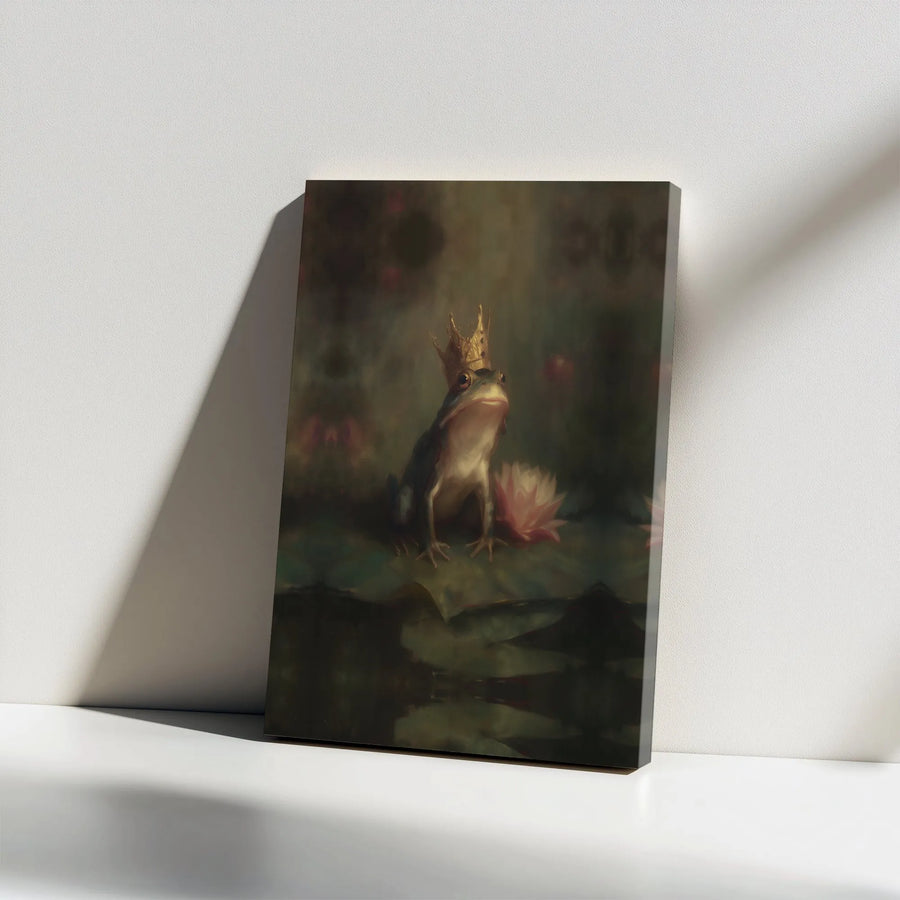 Frog Prince Canvas Wall Art | Crowned Frog on Lily Pad Painting | Premium Gallery Wrapped Print | Unique Dark Academia Home Decor Gift