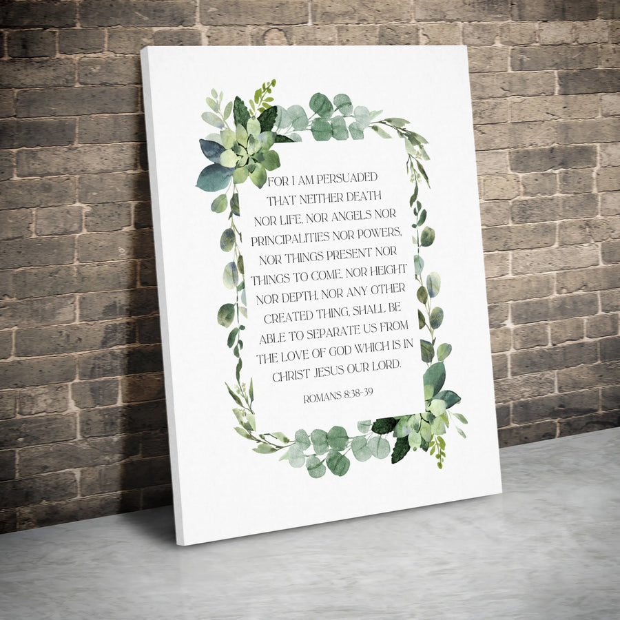 Romans 8:38-39 Wall Art | Watercolor Eucalyptus Bible Verse Print | Premium Gallery-Wrapped Canvas | Christian Home Decor Gift for Believers