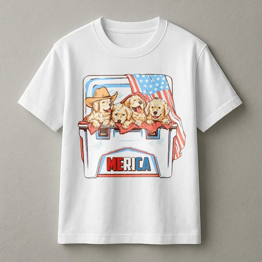 Patriotic Golden Retriever T-Shirt | Cute Puppies in Cooler with USA Flag | Soft Cotton Graphic Tee | 4th of July Merica Gift for Dog Lovers