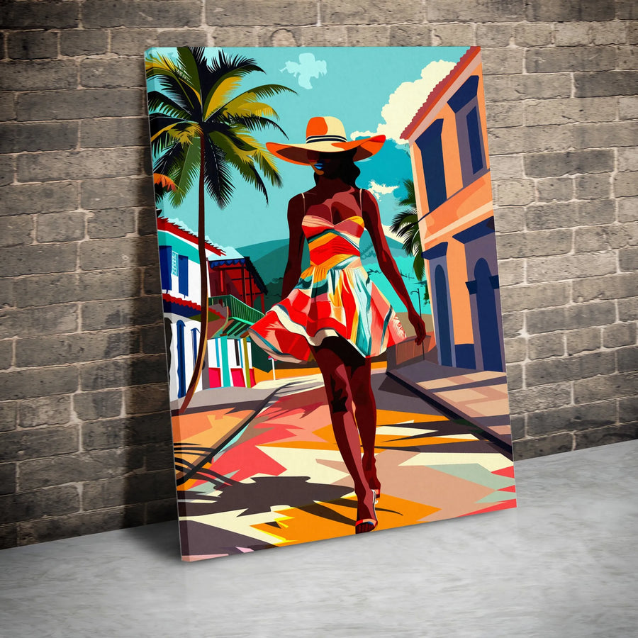 Vibrant Black Woman Canvas Wall Art | Modern Caribbean Fashion Graphic Print | Premium Thick Gallery Wrapped Canvas | Housewarming Gift for Her