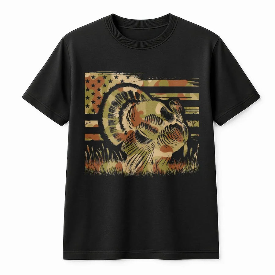 Thanksgiving Turkey T-Shirt | Patriotic Camo American Flag Graphic | Premium Cotton Unisex Tee | Gift for Hunter & Outdoor Enthusiast