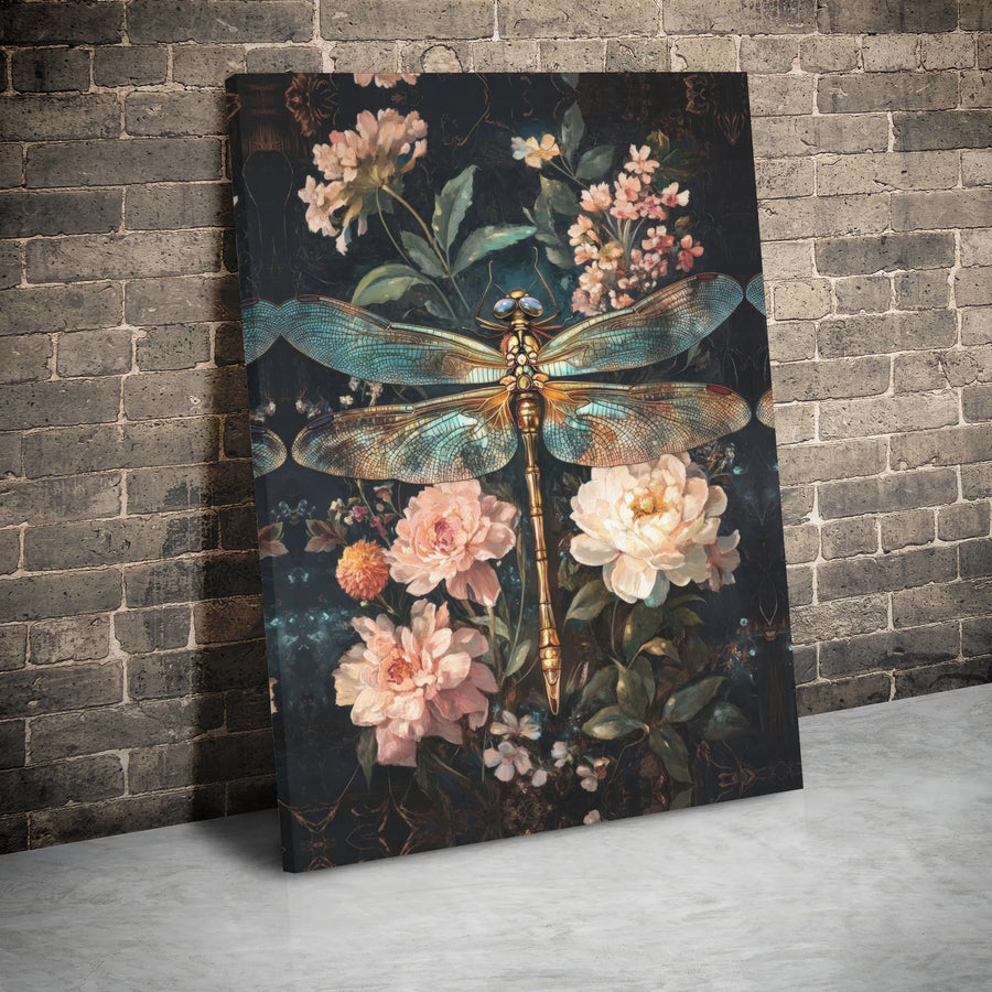 Dragonfly Canvas Wall Art | Moody Dark Floral Peonies Painting | Gallery Wrapped Premium Print | Boho Home Decor Gift for Her