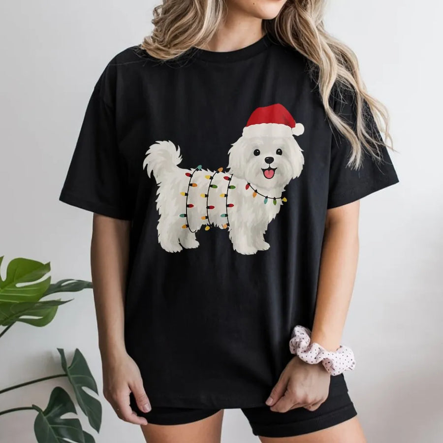 Maltese Dog Christmas T-Shirt | Festive Santa Hat and Lights Graphic | Premium Soft Cotton | Cute Holiday Gift for Dog Lovers