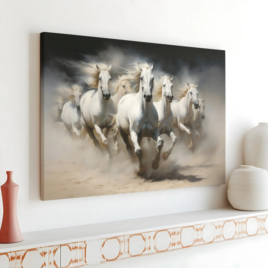 Running White Horses Canvas Wall Art | Majestic Seven Horse Herd Painting | Premium Gallery Wrapped Canvas | Equestrian Home Decor Gift
