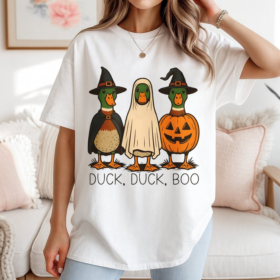 Duck Duck Boo T-Shirt | Funny Halloween Ghost Duck Design | Premium 100% Cotton Tee | Cute Spooky Season Gift for Duck Lovers