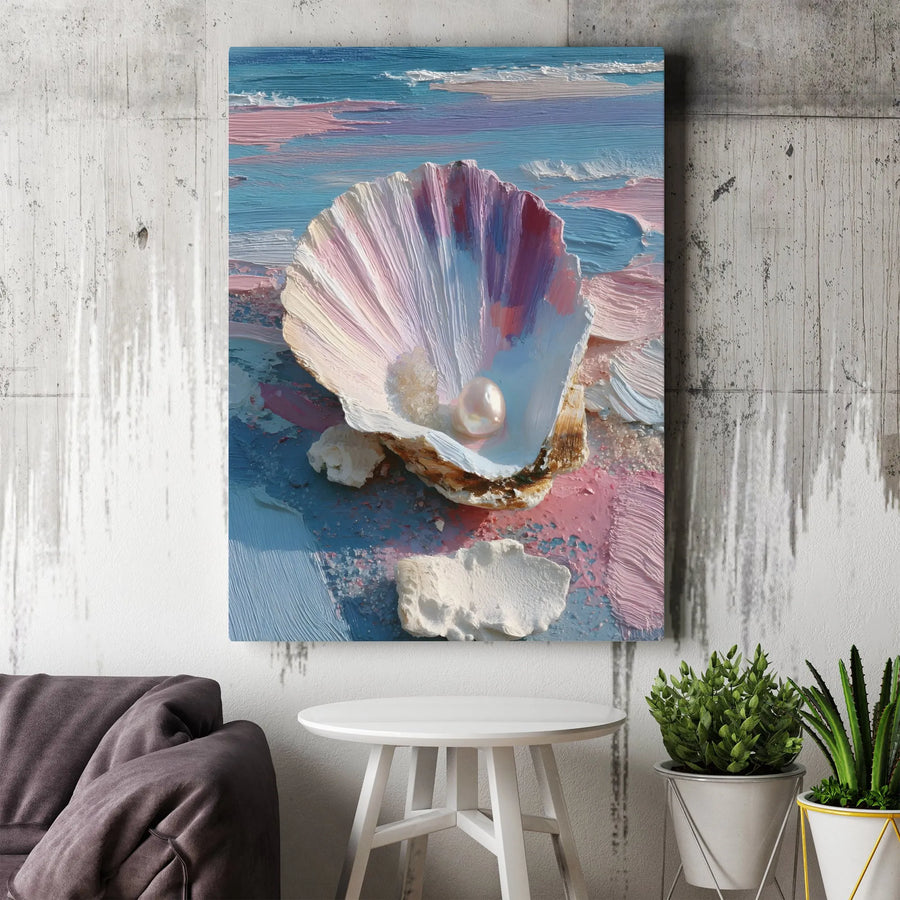 Seashell Pearl Vertical Canvas | Textured Coastal Wall Art | Thick Gallery Wrapped Print | Beach House Decor Gift