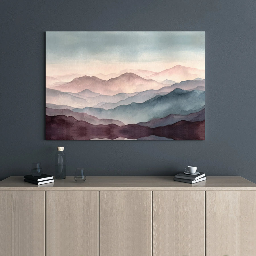 Misty Mountain Landscape Canvas | Watercolor Aesthetic Wall Art | Premium 1.25-Inch Gallery Wrap | Modern Home Office Decor