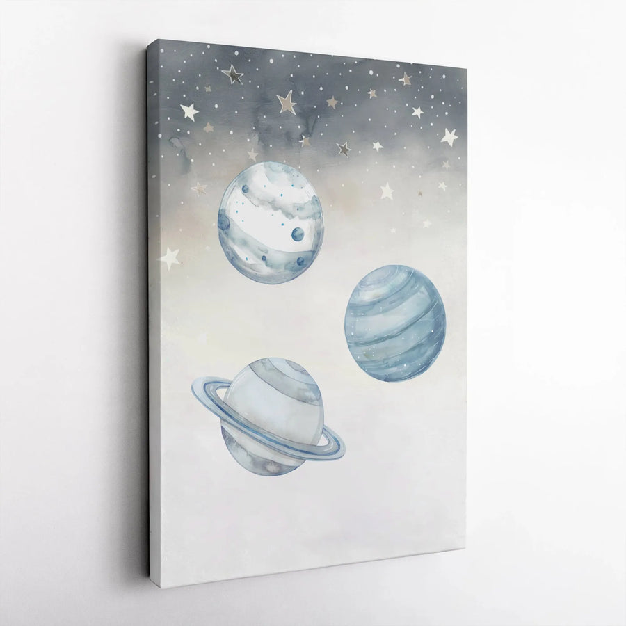 Watercolor Planet Wall Art | Celestial Blue Galaxy Nursery Decor | Gallery Quality 1.25” Thick Canvas | Space Themed Home Gift