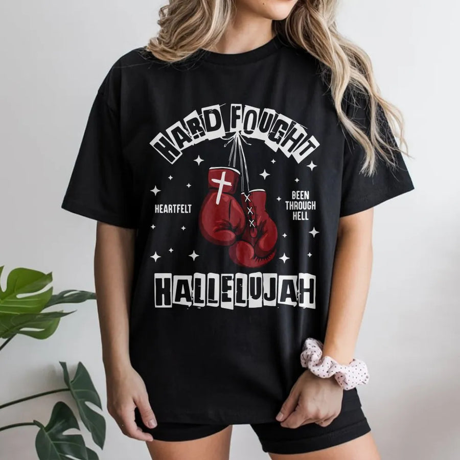 Hard Fought Hallelujah T-Shirt | Boxing Gloves Cross Graphic | 100% Cotton Premium Tee | Faith Warrior Motivational Gift for Men and Women