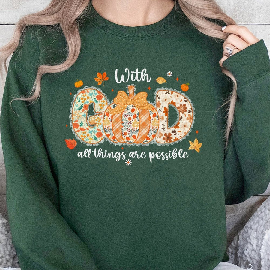 With God All Things Are Possible Sweatshirt | Floral Pumpkin Fall Graphic Tee | Premium Cotton Blend | Christian Fall Gift for Women