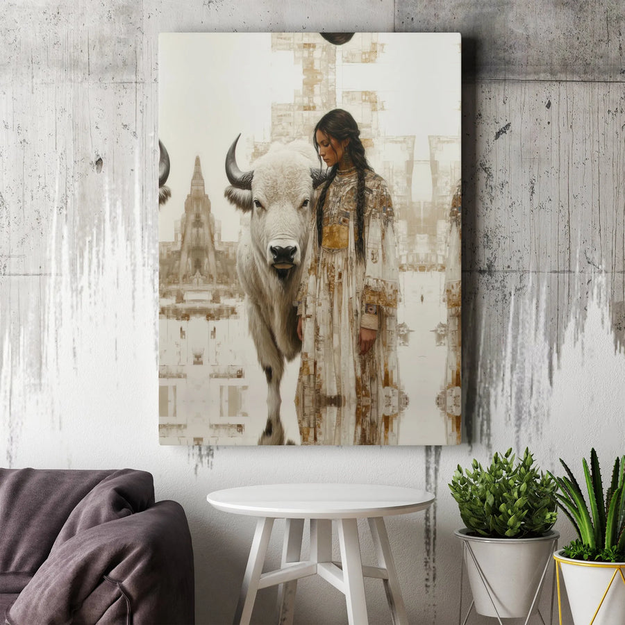 Native American Woman Wall Art | White Buffalo Spiritual Canvas | Gallery Quality Decor | Premium Cultural Home Gift