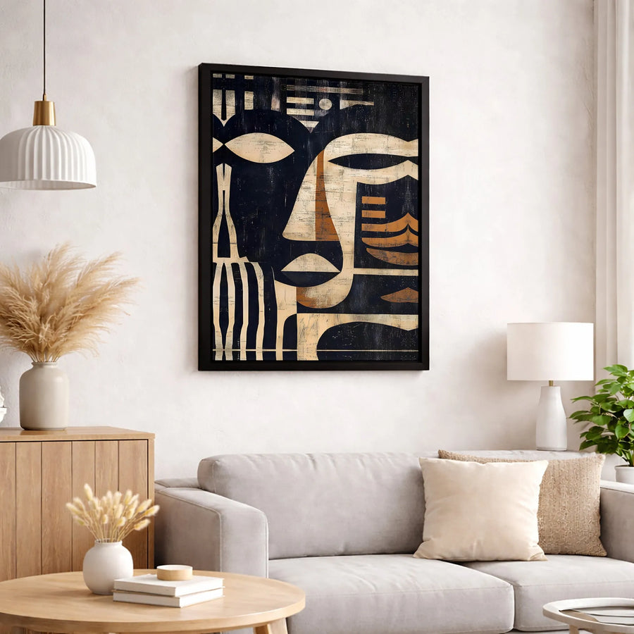 Abstract Geometric Face Canvas Art | Minimalist Tribal Mask Wall Decor | Premium 1.25-Inch Gallery Wrap | Modern Neutral Statement Piece for Living Room