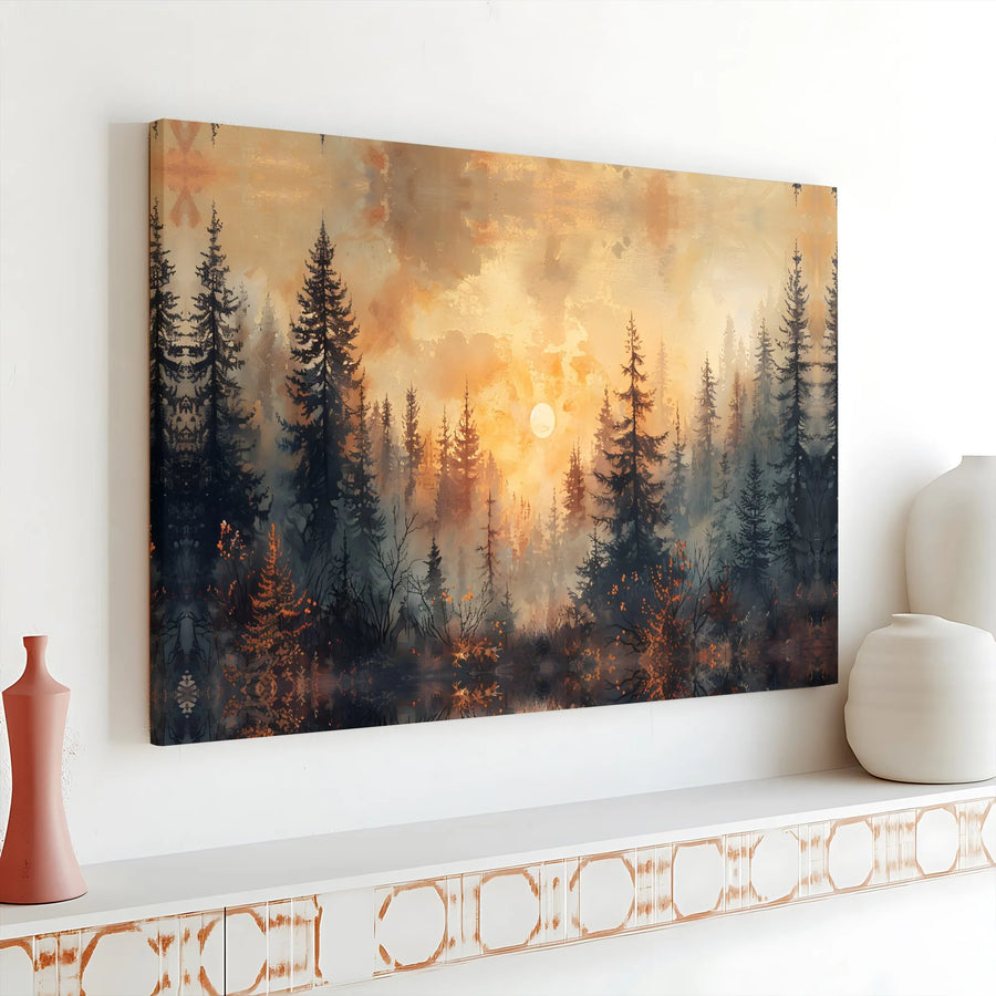 Misty Pine Forest Canvas Print | Golden Sunrise Lake Reflection Art | Premium Gallery Wrapped Wall Decor | Nature Inspired Landscape Gift