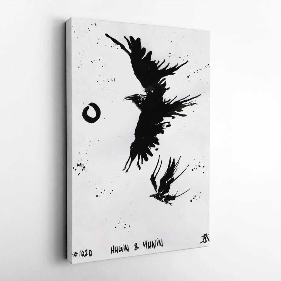 Hugin and Munin Canvas Print | Norse Mythology Raven Wall Art | Premium Ink Wash Gallery Wrap | Viking Decor for Home Office