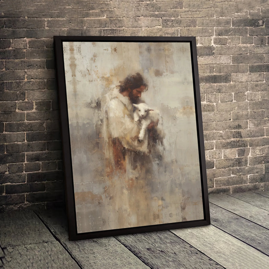 Jesus With Lamb Wall Art | Abstract Religious Canvas Print | Premium 1.25-Inch Gallery Wrap | Christian Home Decor Gift