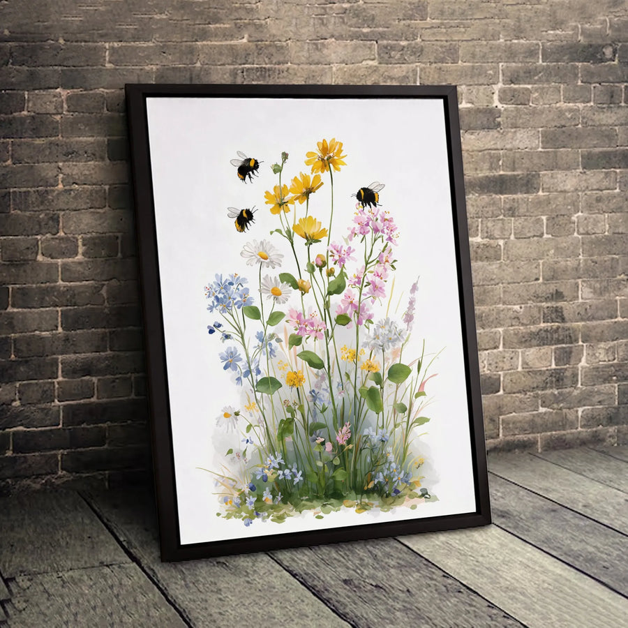 Watercolor Wildflowers And Bumblebee Canvas Print | Botanical Meadow Art | Premium Fade-Resistant Gallery Wrap | Farmhouse Home Decor Gift