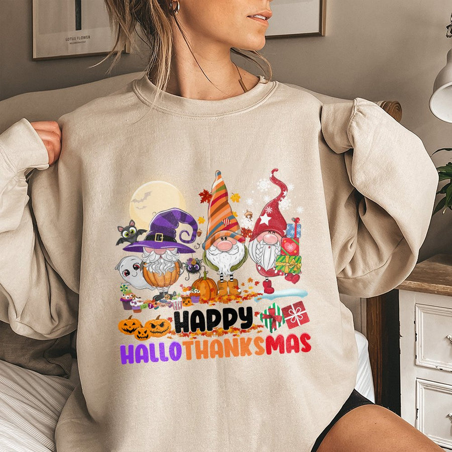 Hallothanksmas Sweatshirt | Cute Gnome Holiday Graphic Print | Premium Cotton Blend Crewneck | Unisex Funny Halloween Thanksgiving Christmas Gift