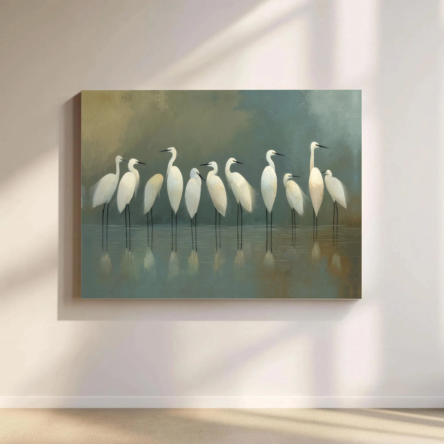 White Egret Canvas Wall Art | Coastal Birds Painting with Water Reflection | Premium Gallery Wrapped Canvas | Living Room Decor Gift